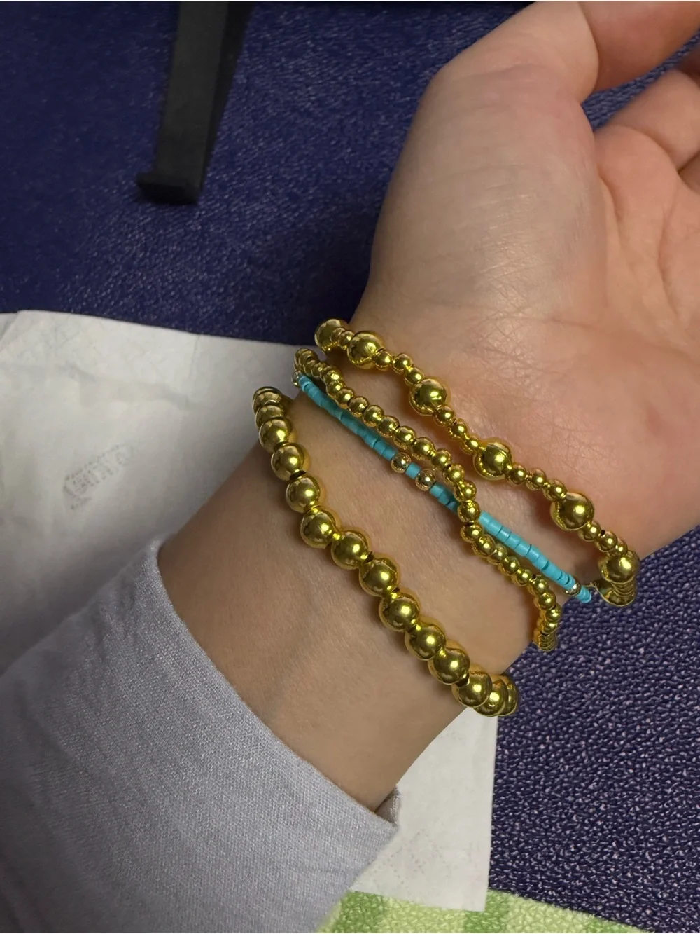 Gold Bead and Turquoise Cross Stackable Bracelet Set 4-piece